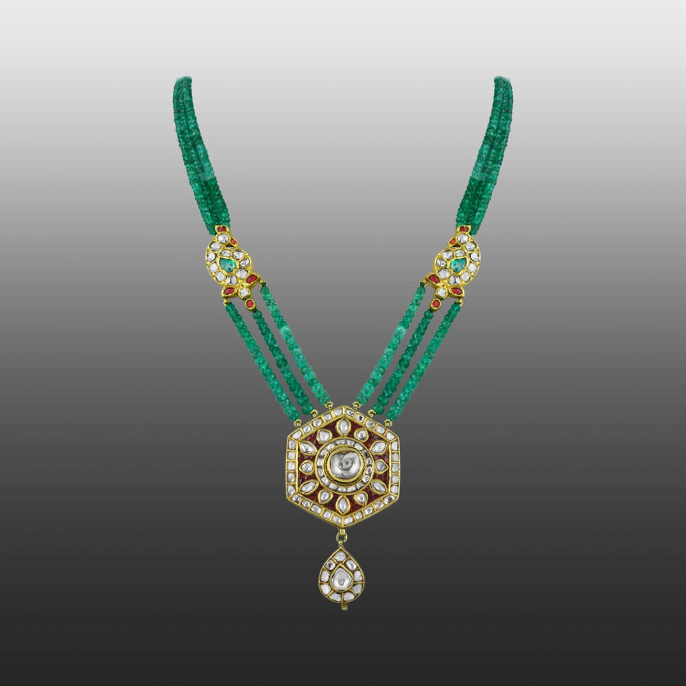 Triple-Strand Emerald Necklace with Red Stone, and Polki